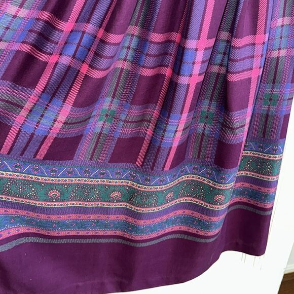 Vintage 80s Chaus Purple, Pink & Green Plaid Pleated Midi Full Rayon Skirt - Picture 3 of 7